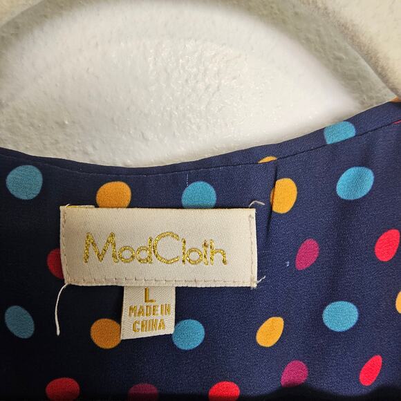 Modcloth Blouse Sleeveless Top Navy Blue Polka Dot Vneck Shirt Women L Tank Top - Picture 5 of 8